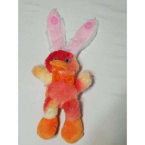 Dandee Easter Plush Duck Stuffed Animal Orange Yellow  w Bunny Ears Sewn Eyes - Picture 1 of 7